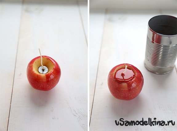 Заливка ароматического парафина в яблоко