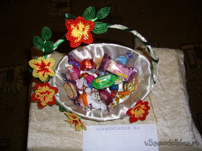 Корзиночка - конфетница с декором из бисера