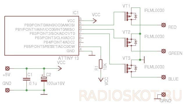 Лампа настроения на attiny13 схема