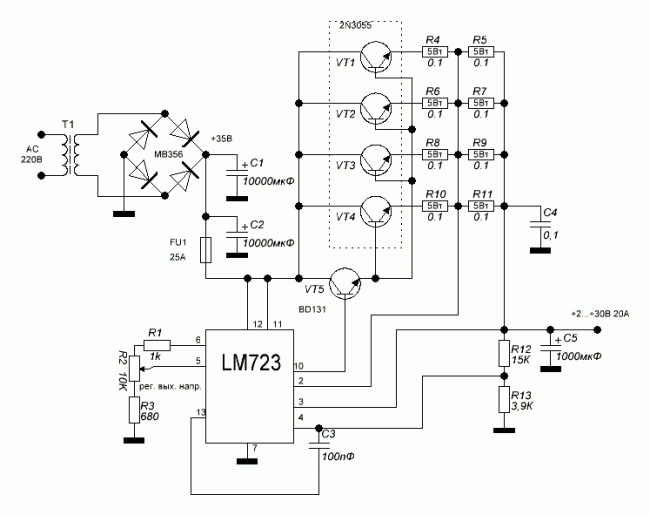 Lm723 в блоке питания с регулировкой напряжения и тока