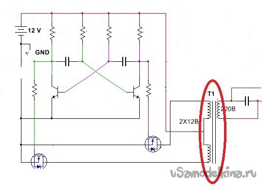 Преобразователь с 12 на 220 вольт на одном транзисторе.